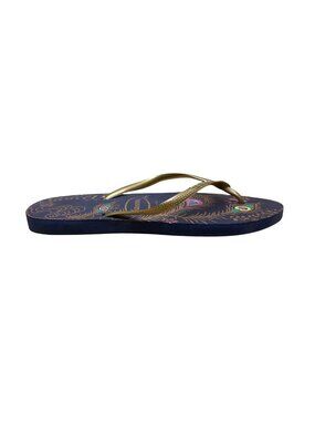 Havaianas Women’s Navy & Gold Peafowl Feather Print Slim Flip Flops Size 9US